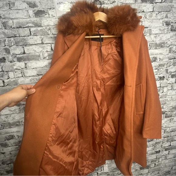 EUC XULIKU Women's Brown Double-Breasted Trench Coat Faux Fur Collar Size XXL - Picture 12 of 16